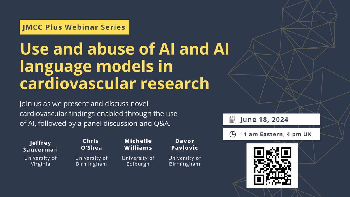 Very much looking forward to co-chair this #webinar on #AI and #LLMs in #Cardiovascular #Research Registration open now! #CardioTwitter @JMCCPlus @ISHR_ES @PavlovicDavor @chrisRJO @jsauce7 @OliviaBaines05 @ECI_ISHR @ISHR_AUS @ISHR_ECI @IshrMci @ISHR_LAT @Gundrylab @OU_LHCS