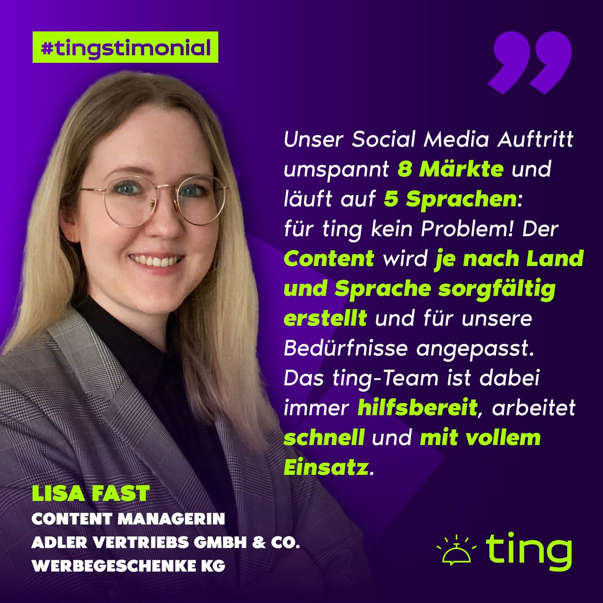 tingimnetz's tweet photo. #tingstimonial: ADLER Werbegeschenke

🎙️ „Das Team von ting ist immer hilfsbereit, arbeitet schnell und mit vollem Einsatz.“  sagt Lisa Fast, Content Managerin bei Adler Vertriebs GmbH &amp; Co. Werbegeschenke KG.

💜 Wir danken herzlich für die netten Worte, und das Vertrauen! https://t.co/kG3r51su16