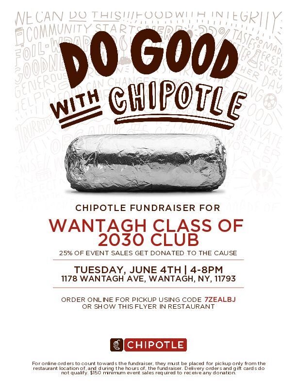 Wantagh Middle School (@wantaghmiddle) on Twitter photo Stop by the Chipotle on Wantagh Ave on Tuesday, 6/4 from 4-8pm, 25% of all sales will go to the Class of 2030. Be sure to show the flyer or code posted on Parent Square to ensure that your purchase will be donated to our 6th grade class! #WarriorsCare #WMSCares <a href="/WantaghSchools/">Wantagh Schools</a> Stop by the Chipotle on Wantagh Ave on Tuesday, 6/4 from 4-8pm, 25% of all sales will go to the Class of 2030. Be sure to show the flyer or code posted on Parent Square to ensure that your purchase will be donated to our 6th grade class! #WarriorsCare #WMSCares <a href="/WantaghSchools/">Wantagh Schools</a>