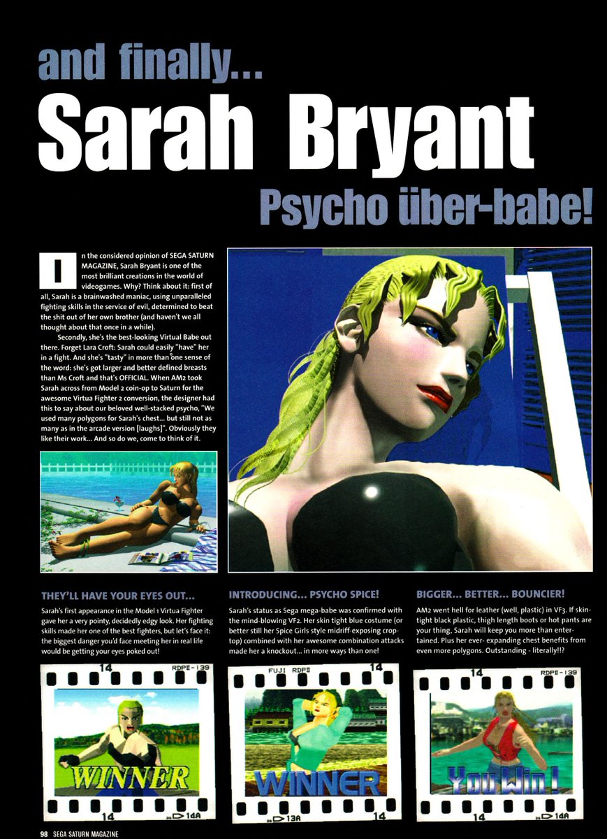 MoonPieDreams's tweet photo. Get ready to head back to the '90s... they certainly don't write 'em like this anymore! 😆
"AND FINALLY..."
Sarah Bryant of Virtua Fighter
Official Sega Saturn Magazine UK
December 1997
#sega #segasaturn #retrogaming #retrogamer #dreamcast https://t.co/Bgjsl3u1cE