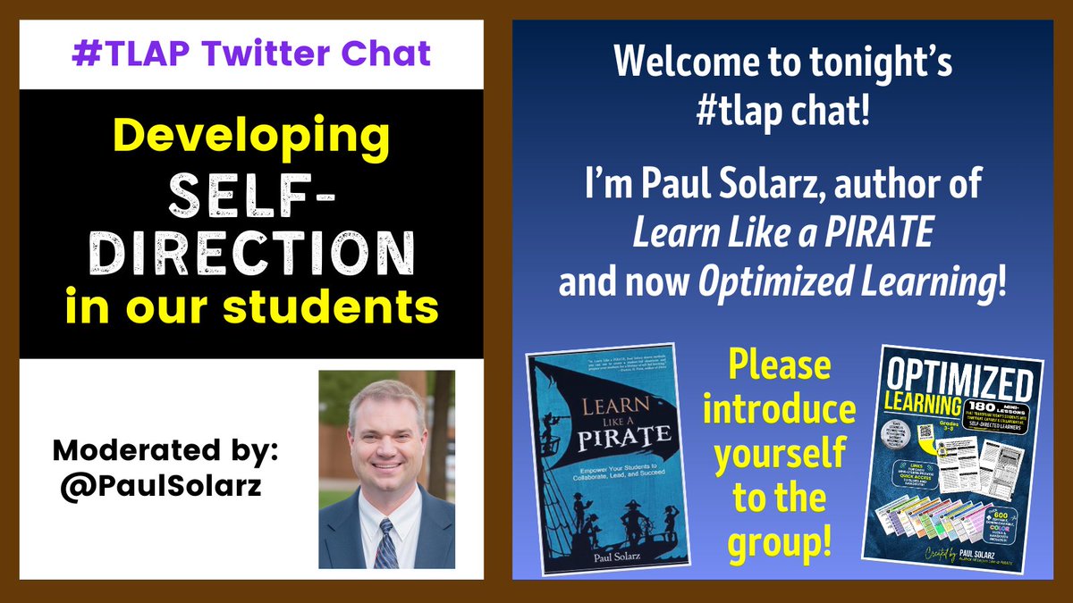 PaulSolarz's tweet image. Welcome to #tlap!

I'm Paul Solarz, a retired 4th/5th grade teacher from Illinois. I'm honored to be tonight's Guest Moderator and excited to chat about developing self-direction in our students!

Please introduce yourself to the group so I know who's here tonight! :)