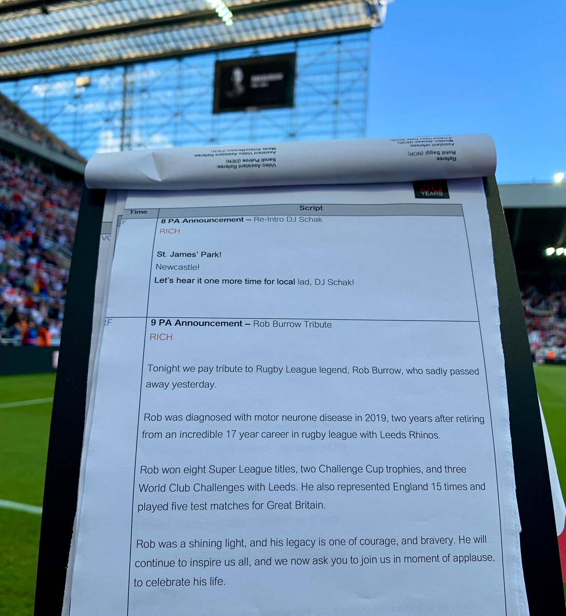 Probably the hardest thing I’ll ever read in a stadium, but every single England fan at St James’ Park gave the warmest, most heartfelt applause, from the first word to well beyond the last, as Rob’s image towered above us all before tonight’s match.