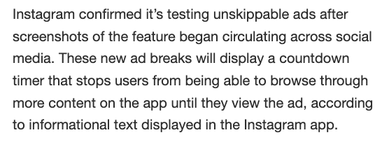 eric_seufert's tweet photo. Instagram is testing YouTube-style unskippable ads. https://t.co/qGH7LqFrBS