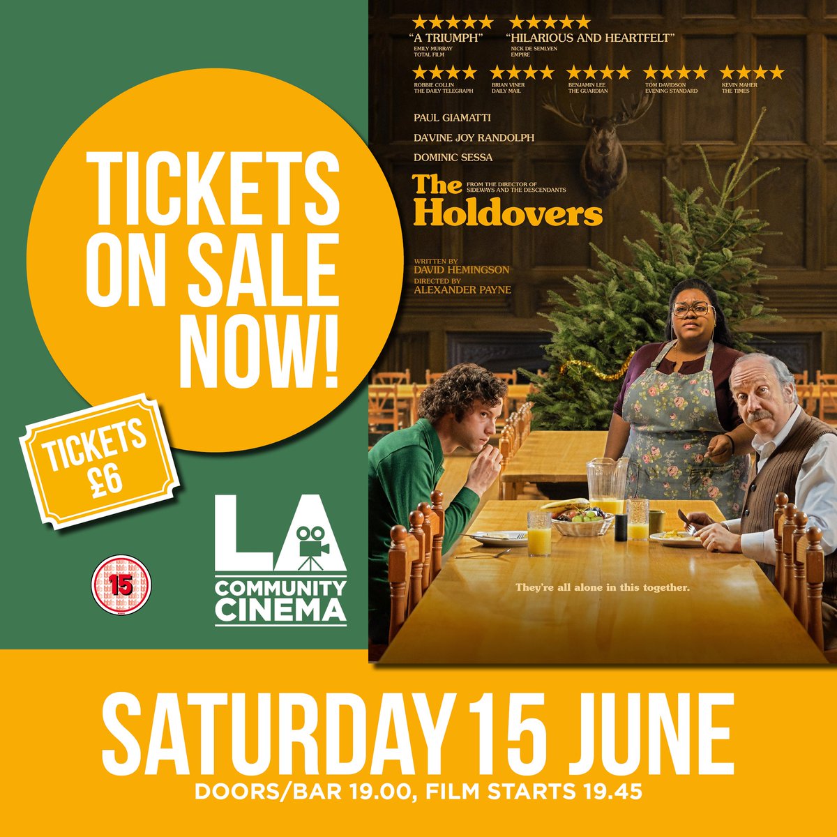 LAVillageCinema's tweet photo. #Tickets NOW on sale! @LAVillageCinema, #TheHoldovers, #LongAshtonVillageHall. June 15th, 7:45pm start. All #tickets ONLY £6. BUY HERE https://t.co/6Vv6Aj523d https://t.co/If2muL32A1