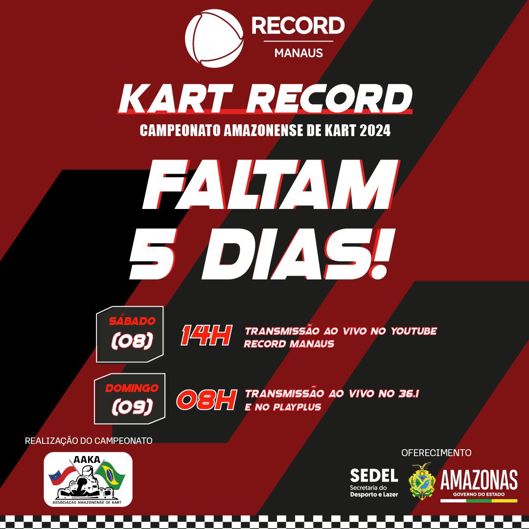 recordmanaus's tweet photo. VEM AÍ A TERCEIRA ETAPA DO KART RECORD! 😎

A 3ª etapa vem com tudo no fim de semana, dia 08 de junho, sábado, a partir das 14h você confere a transmissão ao vivo no nosso canal no YouTube (Record Manaus) 🏁 https://t.co/YQGbZQ9vIi