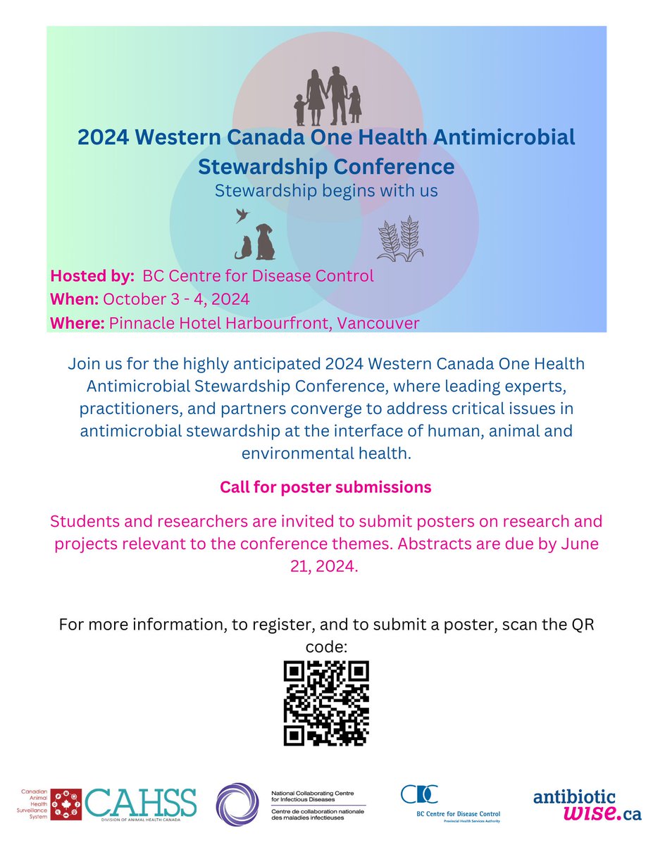 Join us at the highly anticipated 2024 Western Canada One Health Antimicrobial Stewardship Conference hosted by the BCCDC on October 3, and 4, 2024. 
Visit our website for more details: bccdc.ca/health-profess…