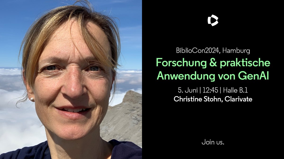 ProQuest's tweet photo. 🌟 Nicht Verpassen: Christine Stohn’s Vortrag auf der #BiblioCon2024 über die Möglichkeiten von KI in der akademischen Forschung!
 📅 Datum: 05.06.2024 
🕒 Uhrzeit: 12:45-13:45
 📍 Ort: Halle B.1 (1. Stock)

https://t.co/yJy7Y9l6Oy

#Clarivate #GenerativeAI #AcademicAI https://t.co/FJP2O19PIx