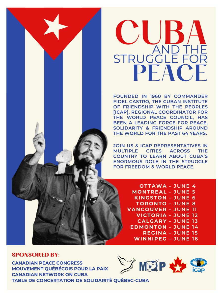 cdnntwrkoncuba's tweet photo. Cuba and the Struggle for Peace
with speaker Leima Martinez of ICAP
@cubamistad 
June 4 - Ottawa @ottpeace 
June 5 - Montreal @mvtqcpaix
June 6 - Kingston @PeaceKingston https://t.co/md4St163we