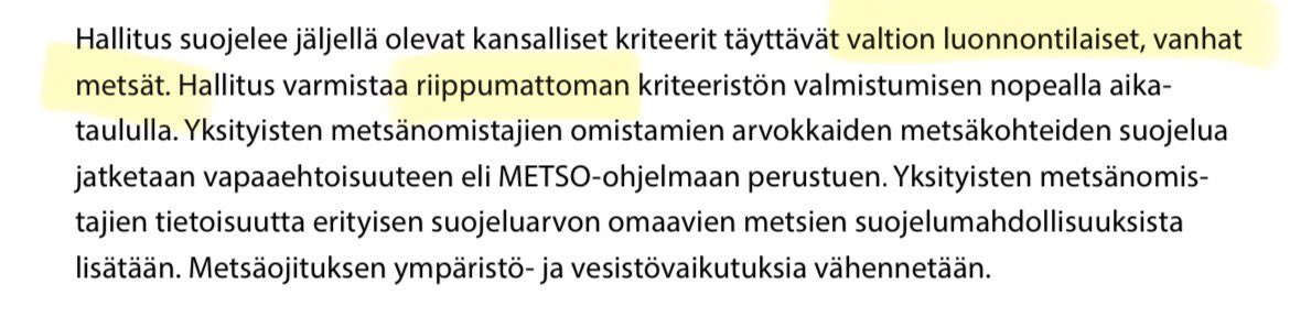 Pääministeri IL-tentissä: Hallitusohjelman kirjaus on, että suojellaan valtion vanhoja metsiä.

Ei muuten ole, <a href="/PetteriOrpo/">Petteri Orpo</a>.

Hallitusohjelman mukaan hallitus suojelee jäljellä olevat kansalliset (riippumattomat) kriteerit täyttävät valtion luonnontilaiset, vanhat metsät.