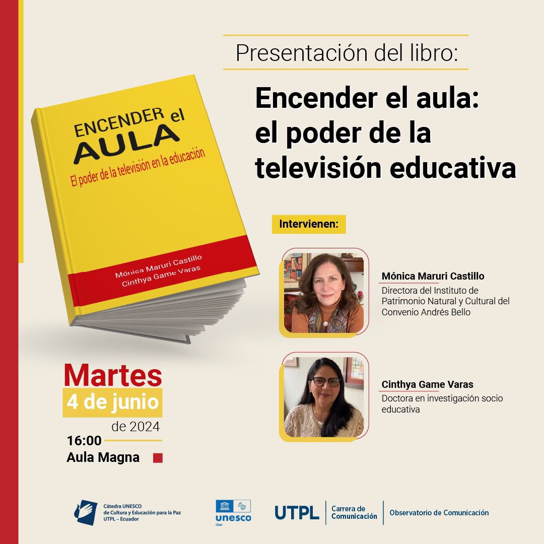 ¡ATENCIÓN #LOJA! 🗣️

Invitados todos a la presentación del libro “Encender el aula: el poder de la televisión en la educación” 📺 
Un aporte del IPANC a la comunidad educativa iberoamericana. 📕

¡Les esperamos!

Gracias al apoyo de <a href="/utpl/">🎓 UTPL</a> <a href="/ComUTPL/">Carrera de Comunicación UTPL</a> 

<a href="/monicamaruri64/">Monica Maruri</a> <a href="/CinthyaGame/">Cinthya Game Varas</a>