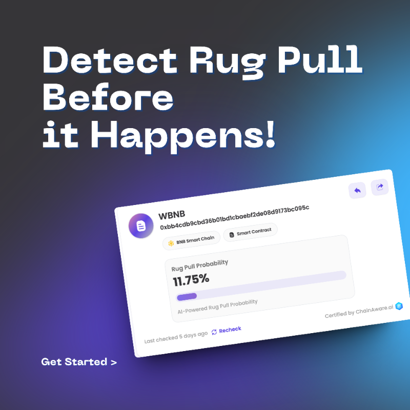 ChainAware's tweet photo. What's about using some real predictive AI products on the blockchain?

For example:
👉 Real-time Predictive Rug Pull Detector
👉 Real-time Predictive Fraud Detector

With 98% back-tested prediction accuracy 🚀