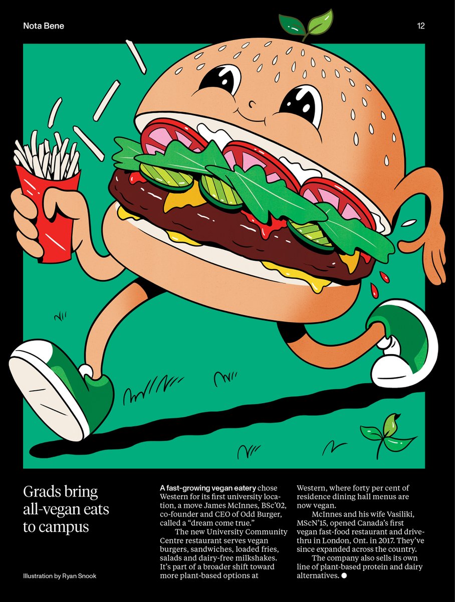 ryansnook's tweet photo. When @rgrainger asked me to illustrate a running burger it made my day. This one is for @westernuAlumni about a vegan burger place called @oddburger https://t.co/3aa0llhwBj