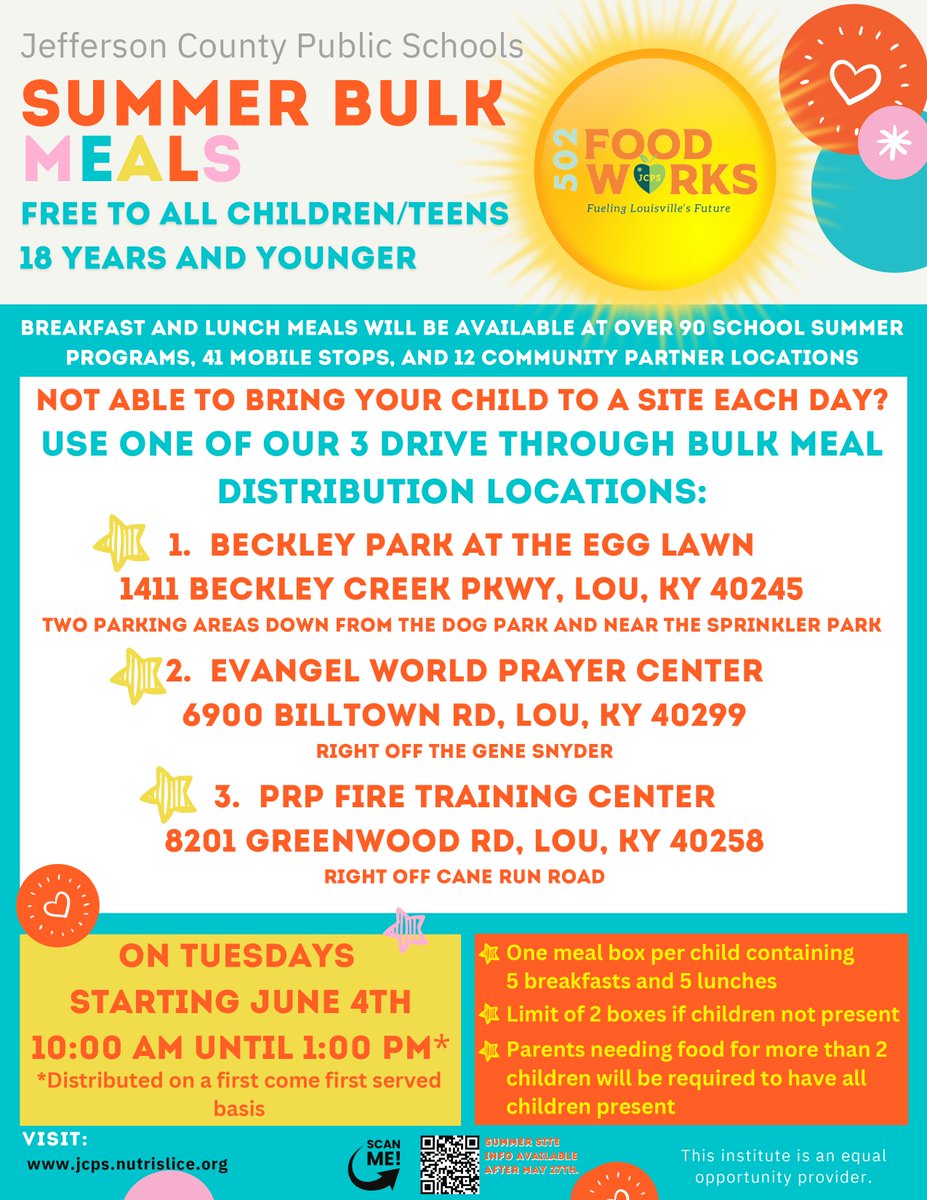 🌞 FREE SUMMER MEALS | JCPS is again offering free summer meals for children 18 and under, including a new bulk meal feature where families can pick up five breakfasts and five lunches at one stop every Tuesday!

Learn more and find sites: jcps.nutrislice.com

#WeAreJCPS