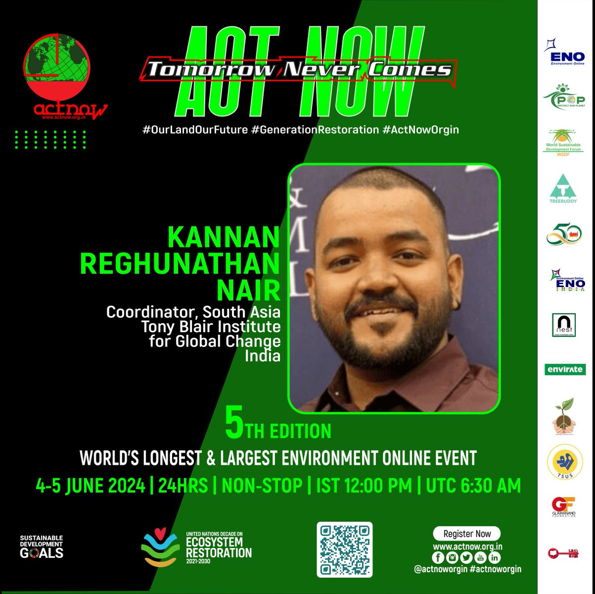 Add your voice, action, and commitment to

#TomorrowNeverComesActNow
5TH EDITION
WORLD’S LONGEST &amp; LARGEST ENVIRONMENT ONLINE EVENT
4-5 JUN’24|24HRS|NON-STOP|IST 12 PM|UTC 6:30 AM
Join: forms.gle/Xv8XBhWQCzVWm4…
@actnoworgin
@unep