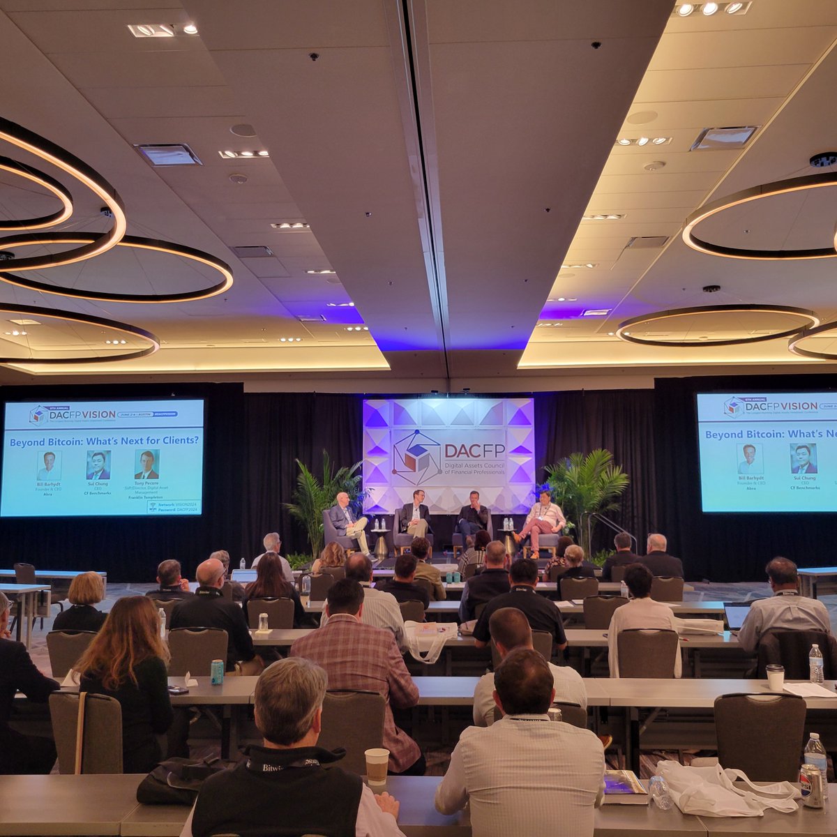 thedacfp's tweet photo. Right now: @DigitalDonF talks with Bill Barhydt from @AbraGlobal, Sui Chung from @CFBenchmarks, & Tony Pecore from @FTI_DA in the "Beyond #Bitcoin" session at #DACFPVISION. What's next for clients?
.
#CryptoForAdvisors #DigitalAssetsEvent #BlockchainConference #FinanceInnovation https://t.co/XY0YV8U7bI