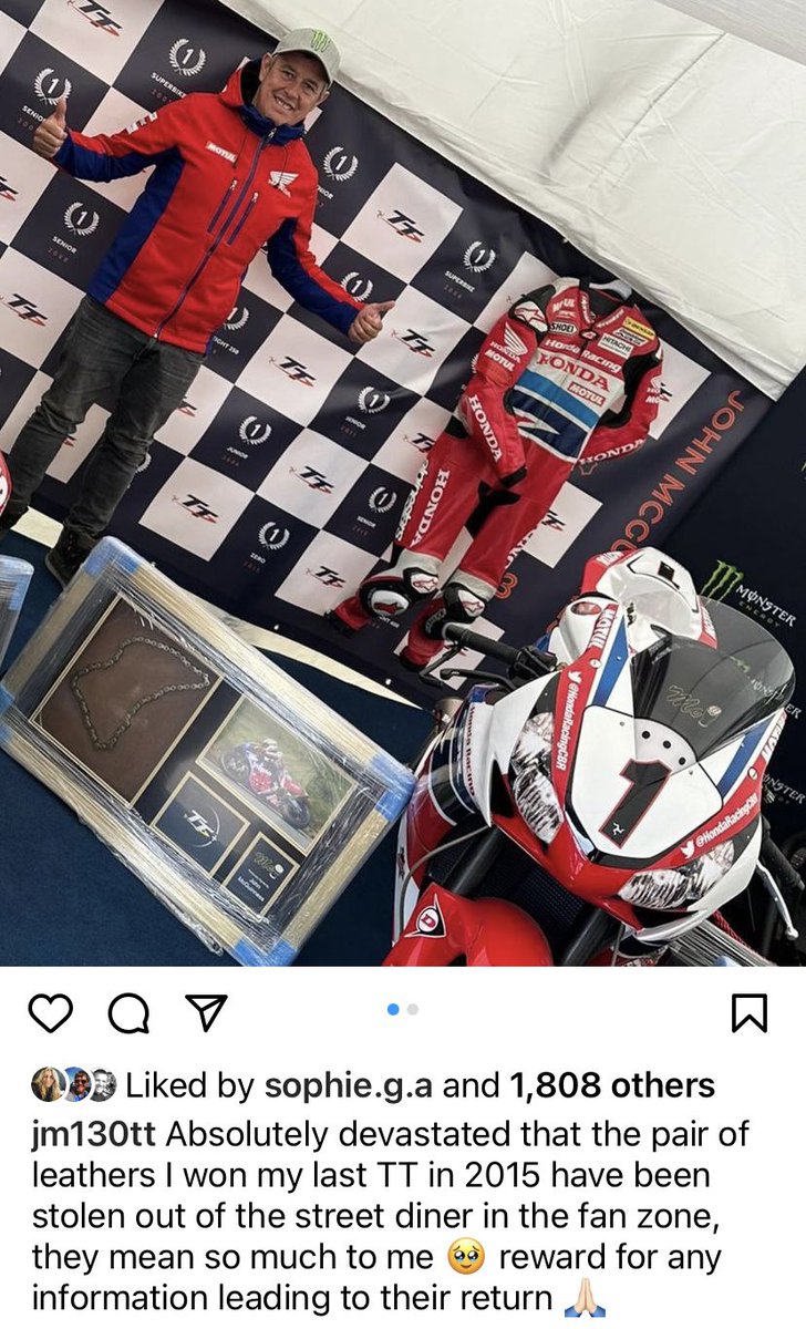 This is unbelievable. Let’s hope <a href="/jm130tt/">John McGuinness MBE</a> gets his leathers back.