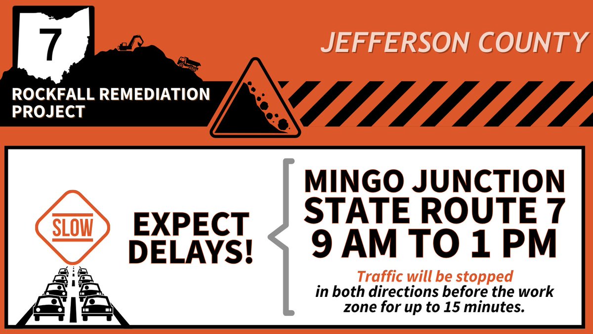 ODOT_EasternOH's tweet photo. Mingo Junction/Steubenville Area: Expect multiple delays on State Route 7 from Tuesday through Friday this week due to excavation work on the hillside project. Allow additional travel time for those planning to travel through this area between 9 AM and 1 PM. https://t.co/ZlcAdIDxJc