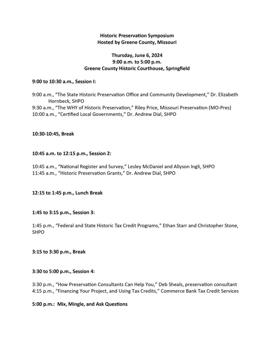 Greene County and the Missouri State Historic Preservation Office invite the public to a symposium on Thursday, June 6 from 9:00-5:00 in room 212 of the Historic Courthouse. 

The symposium will focus on economic revitalization through historic preservation.