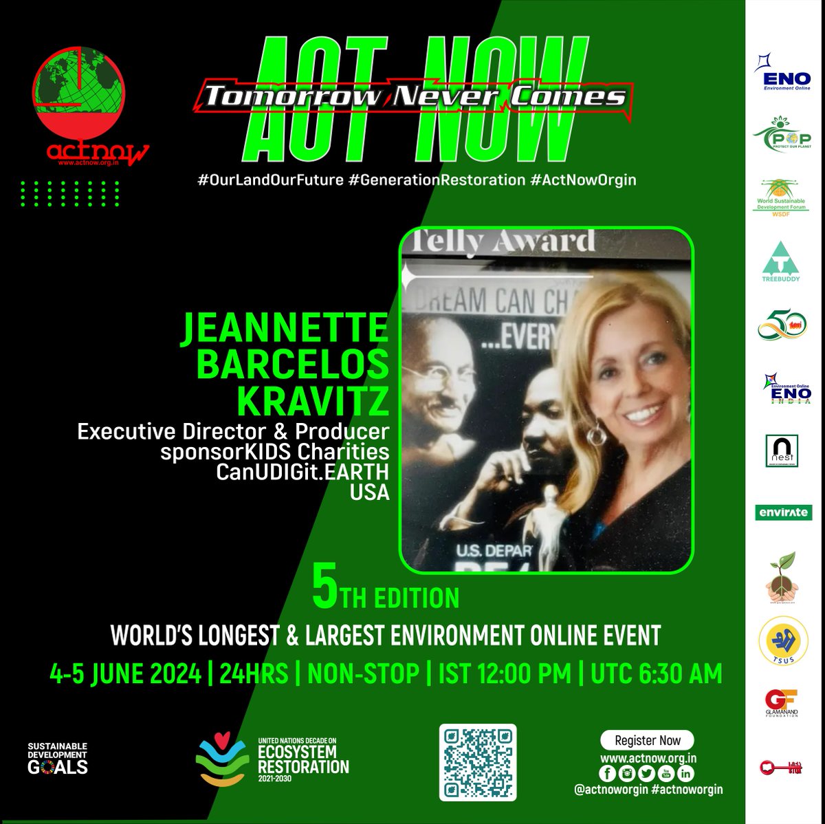 Add your voice, action, and commitment to

#TomorrowNeverComesActNow
5TH EDITION
WORLD’S LONGEST &amp; LARGEST ENVIRONMENT ONLINE EVENT
4-5 JUN’24|24HRS|NON-STOP|IST 12 PM|UTC 6:30 AM
Join: forms.gle/Xv8XBhWQCzVWm4…
@actnoworgin
@unep