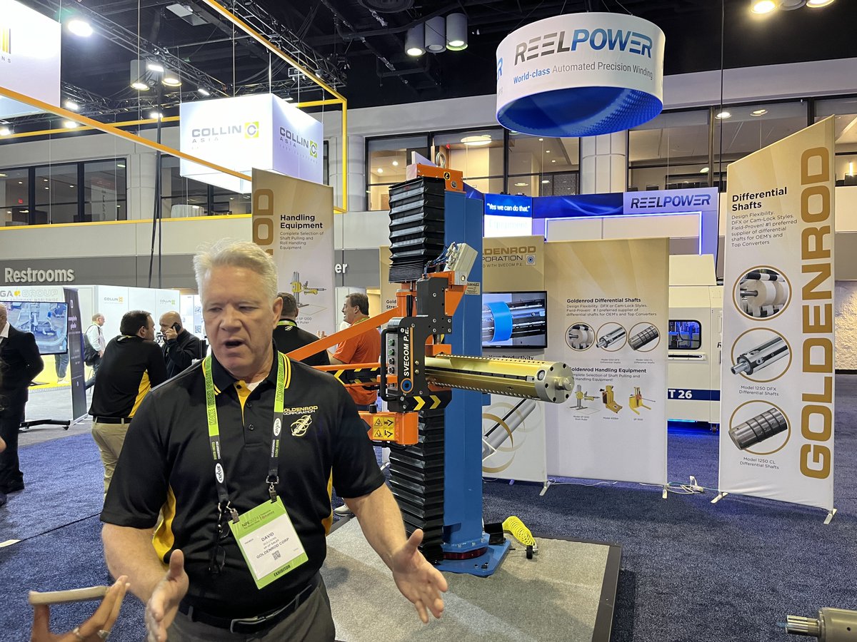 Thanks to <a href="/PlasticsMM/">Plastics Machinery & Manufacturing</a> for covering our news from #NPE2024! Our SP1200 core puller was front and center in our booth at the show - that's our VP of Sales, David Sullivan at our booth with the SP1200 right behind him. Link to article here: bit.ly/4c3HzCT #paper #film #foil