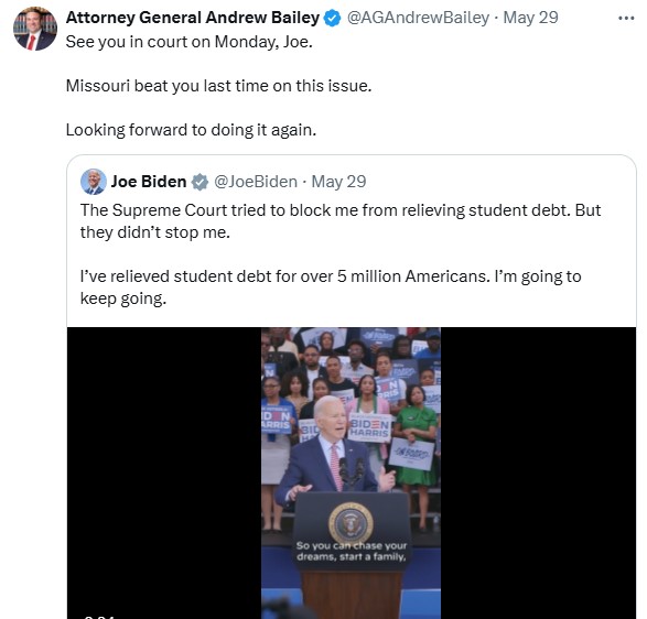JustinSmithMO's tweet image. Andrew Bailey said he was fighting Joe Biden's student loan forgiveness.  But Bailey's team said in court today that Bailey is not challenging anything Biden already has forgiven.  That's $167 billion!

Missouri needs an AG who doesn't surrender to the Left. #votescharf #moag