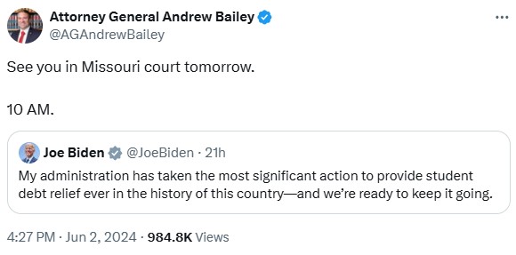 JustinSmithMO's tweet image. Andrew Bailey said he was fighting Joe Biden's student loan forgiveness.  But Bailey's team said in court today that Bailey is not challenging anything Biden already has forgiven.  That's $167 billion!

Missouri needs an AG who doesn't surrender to the Left. #votescharf #moag