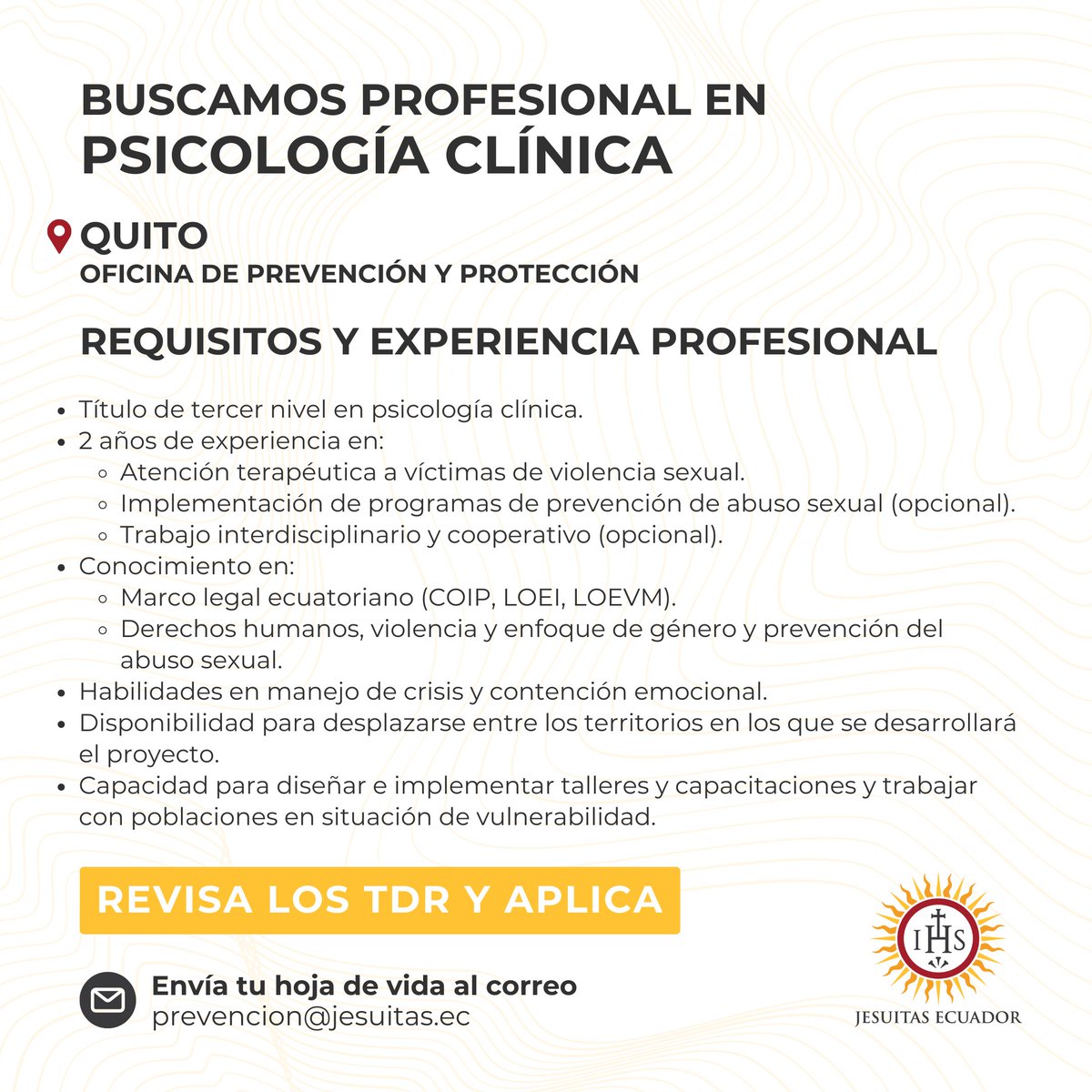 JesuitasEcuador's tweet photo. Buscamos profesional en Psicología Clínica. Revisa los TDR aquí 🔗  https://t.co/AMeUBNwYhE #Hiring #OfertaLaboral https://t.co/ALzOnccGEG