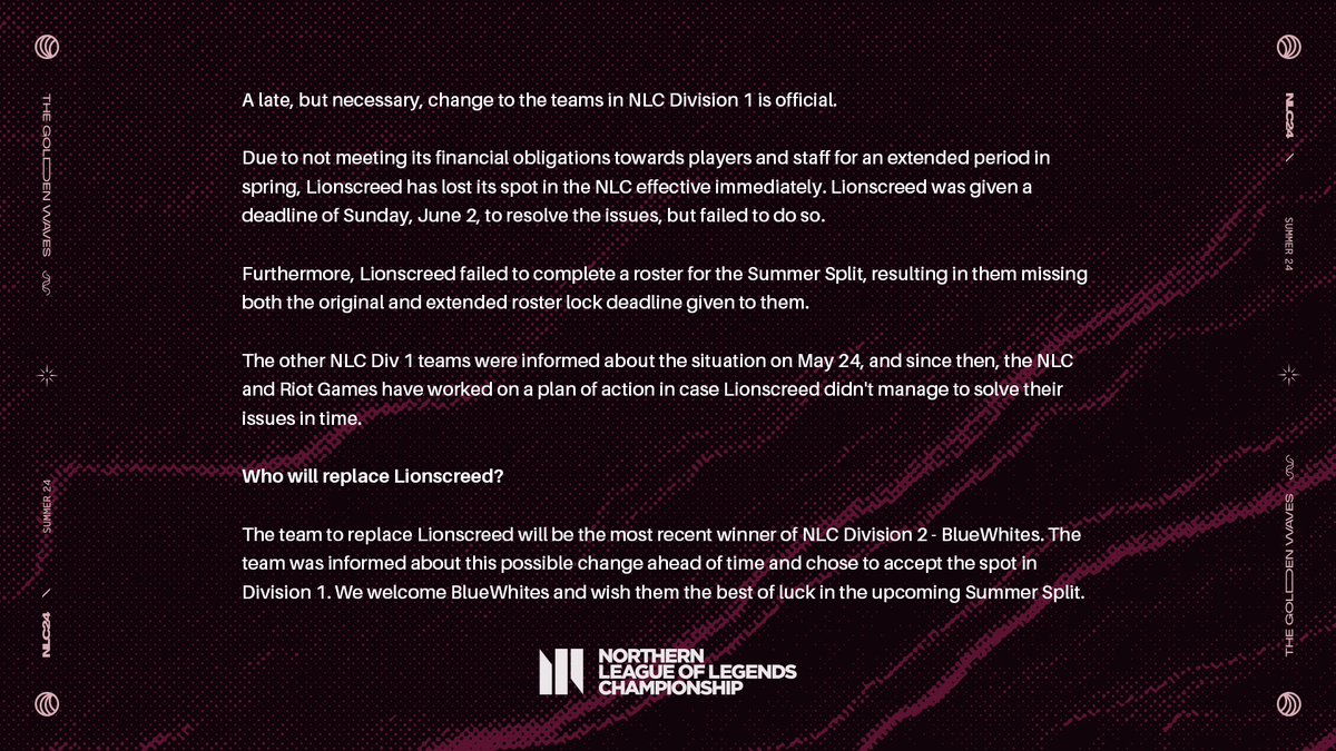 🔴Statement on Lionscreed and changes to the NLC Division 1