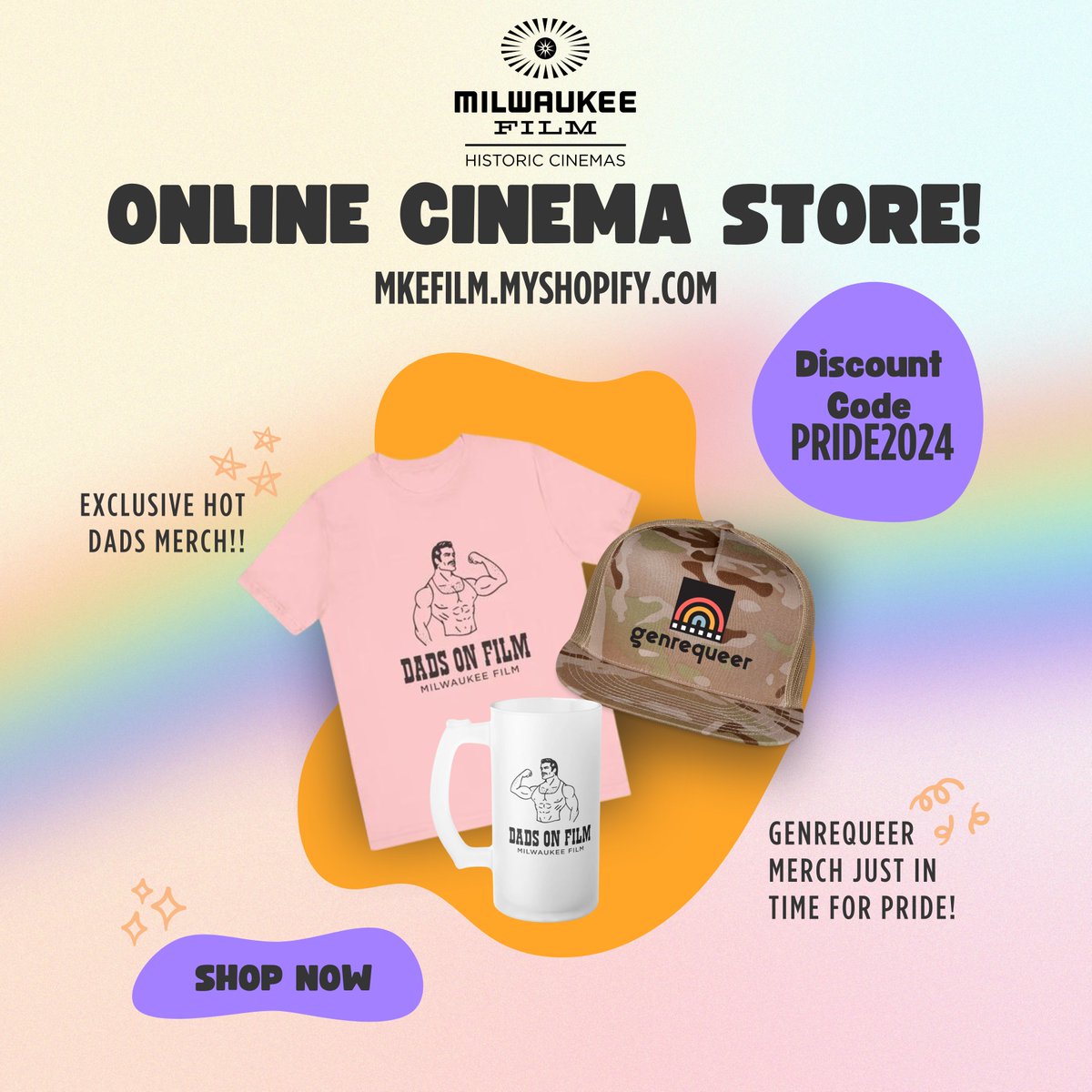 mkefilm's tweet image. We have new designs in our shop just in time for Pride!🛍️
Take Pride in your local movie theatre and enjoy a discount to our online merch store Hot Dads &amp;amp; Pride Collections when you use #discountcode: PRIDE2024
#merchstore #supportlocal #shoplocal