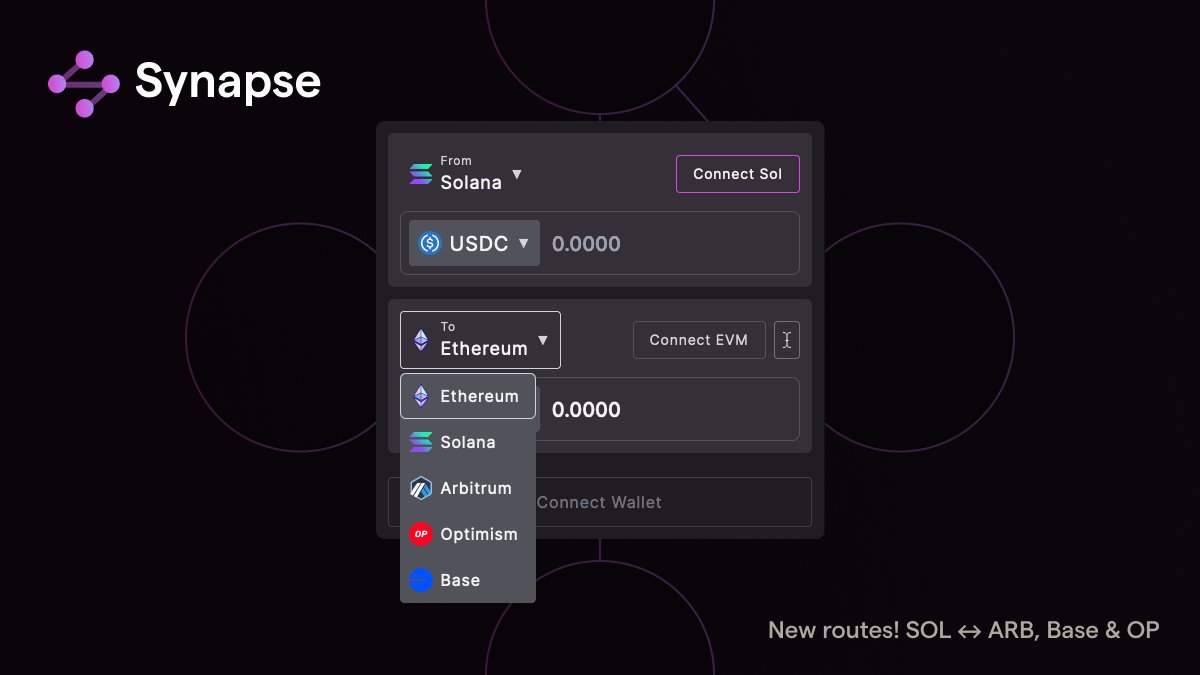 SynapseProtocol's tweet photo. L2s 🤝 Solana

Synapse now supports bridging between Solana and Base, Arbitrum &amp; Optimism #synLana

Try it out - https://t.co/FQN7TQXSX2 https://t.co/qcMgWLpZmy