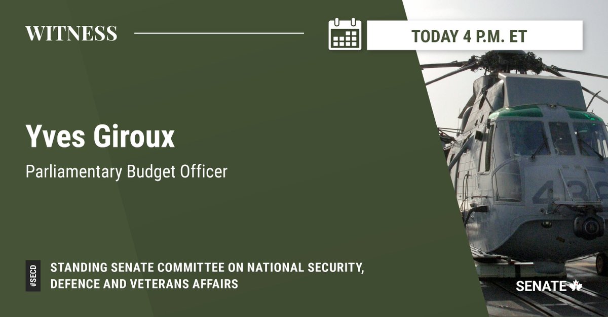 The Senate Committee on National Security, Defence and Veterans Affairs welcomes the <a href="/PBO_DPB/">PBO-DPB</a> <a href="/yzgiroux/">Yves Giroux</a> as a witness on defence procurement and the Canadian defence industry.

📺 Watch: ow.ly/OSUK50S4AoQ

#SenCA #SECD #CdnPoli