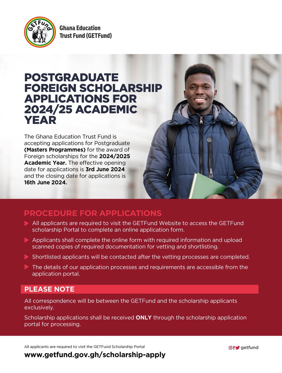 GETFund is accepting applications for Postgraduate (Masters Programmes) for the award of Foreign scholarships for the 2024/25 Academic Year. From Today 3rd June 2024 to  14th June 2024.
Please Visit : getfund.gov.gh/scholarship-ap…