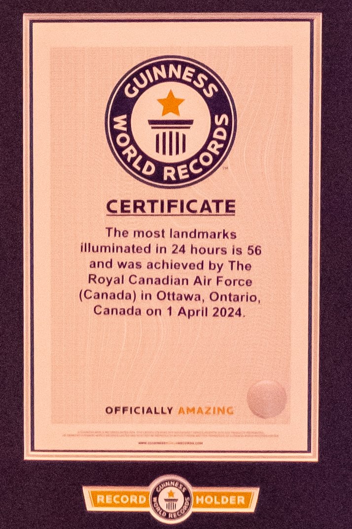 RCAF_ARC's tweet photo. Big news from the RCAF Centennial Ball last Saturday! We are thrilled to announce that the RCAF Illuminations project, #100YearsOfFlyingBlue, has officially broken the @GWR title for the most landmarks illuminated in 24 hours on April 1st, our 100th birthday. https://t.co/PDw6sSOJS1