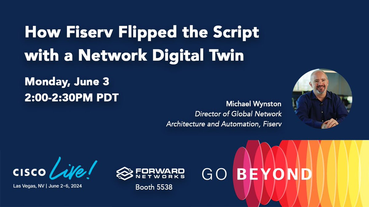 forwardnetworks's tweet photo. In 1 hour, @MrWynston, Director of Global Network Architecture and Automation at Fortune 500 company, @Fiserv, will be speaking at #CiscoLive in Las Vegas on how a network digital twin has transformed his approach to network management.
https://t.co/K8shEVX5aO https://t.co/hivOf5FmDn