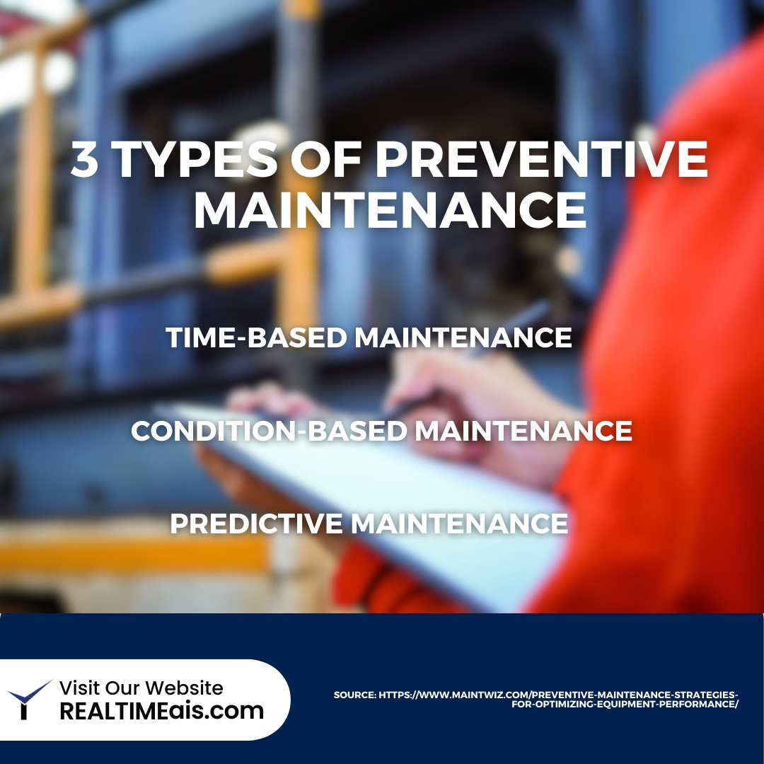 REALTIMEais's tweet photo. What are the differences between these 3 types of preventive maintenance?

1. Time Based Maintenance 
- Maintenance activities scheduled at predetermined time intervals.

Includes routine inspections, lubrication, and filter replacements.

Helps detect issues early, ensuring e... https://t.co/JtPjMP6Eyy