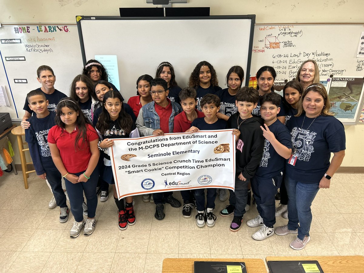 MEtweedy's tweet photo. On behalf of EduSmart &amp; Dept. of Science congrats to the Gr. 5 2024 “Smart Cookie” Competition Champions for the Central Region! @EduSmartScience @MDCPSSci  @MDCPSCentral @SeminoleElem @NestorEMarcia @AileenVega123 https://t.co/KsSst0oLBL