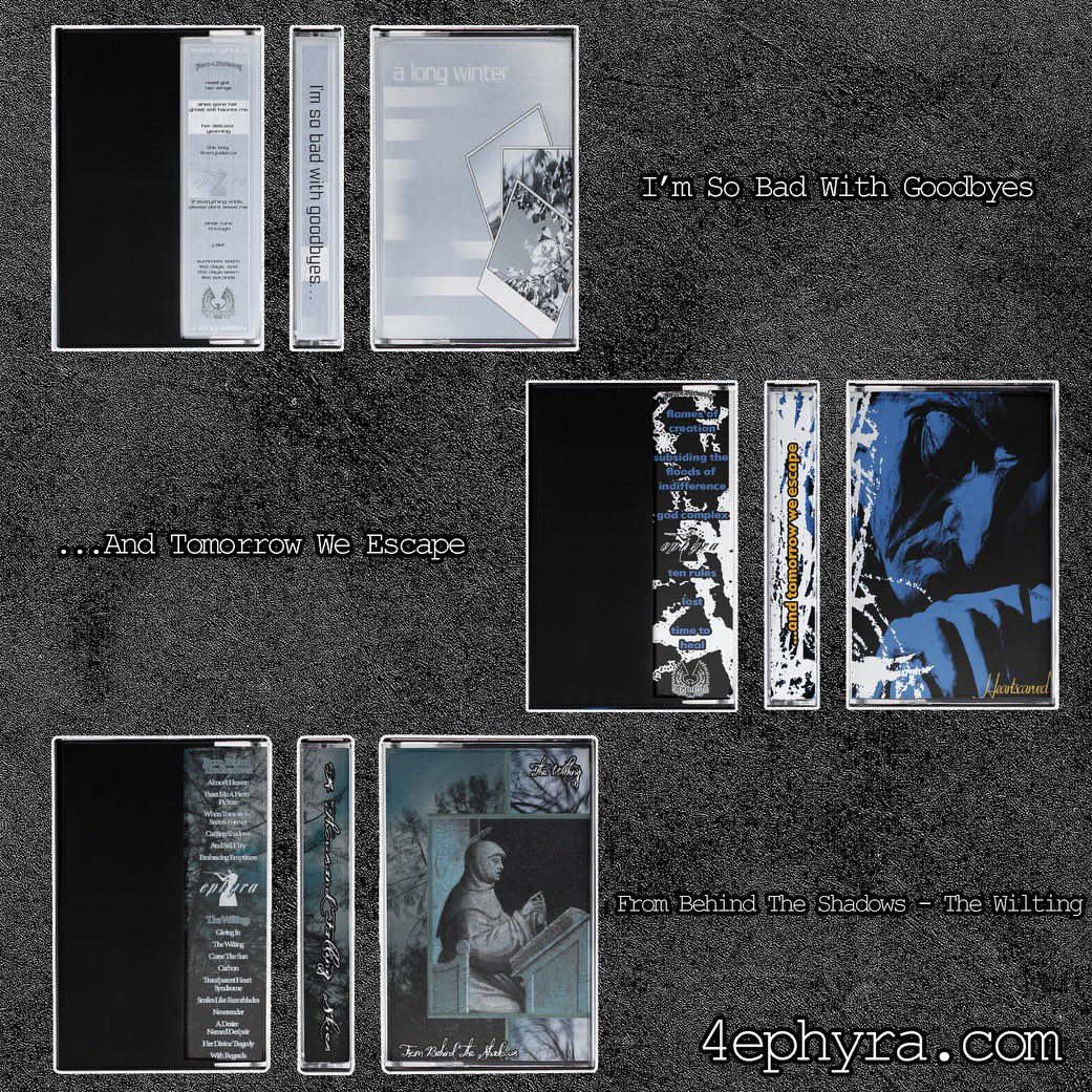 Ephyra (@4ephyra) on Twitter photo Honored to be able to do something as special as this.
A Long Winter - I’m So Bad With Goodbyes
Heartscarved- …And Tomorrow We Escape
A Thousand Falling Skies - From Behind The Shadows & The Wilting
Tapes are limited to /50 each. Online now. Thanks <a href="/FORRECORDSNC/">☆ Force of Reckoning ☆</a> and Tribunal! Honored to be able to do something as special as this.
A Long Winter - I’m So Bad With Goodbyes
Heartscarved- …And Tomorrow We Escape
A Thousand Falling Skies - From Behind The Shadows & The Wilting
Tapes are limited to /50 each. Online now. Thanks <a href="/FORRECORDSNC/">☆ Force of Reckoning ☆</a> and Tribunal!