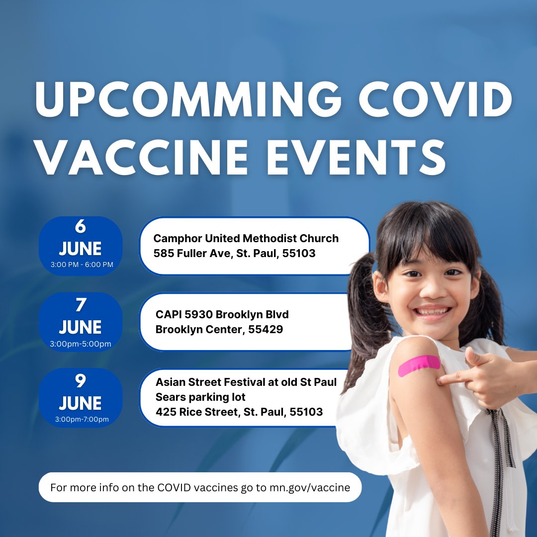 These are a few COVID vaccine events going on in the Twin Cities. To view more COVID vaccination and testing events, go to: rb.gy/33jopu
#AMPERS #vaxmn #communityresource #communityresources #twincitiesmn #healthresources
