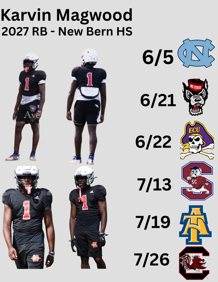 These are the camps I will be attending this summer 
June 5th - UNC
June 21st - NC State 
June 22nd - ECU 
July 13th - South Carolina State
July 19th - North Carolina A&amp;T
July 26th - University of South Carolina 
<a href="/CoachSaxby/">Coach Saxby</a> <a href="/NBbearsFB/">NBHS Football</a> @mga_252 <a href="/quarii25/">Jaquarii Roberson</a>