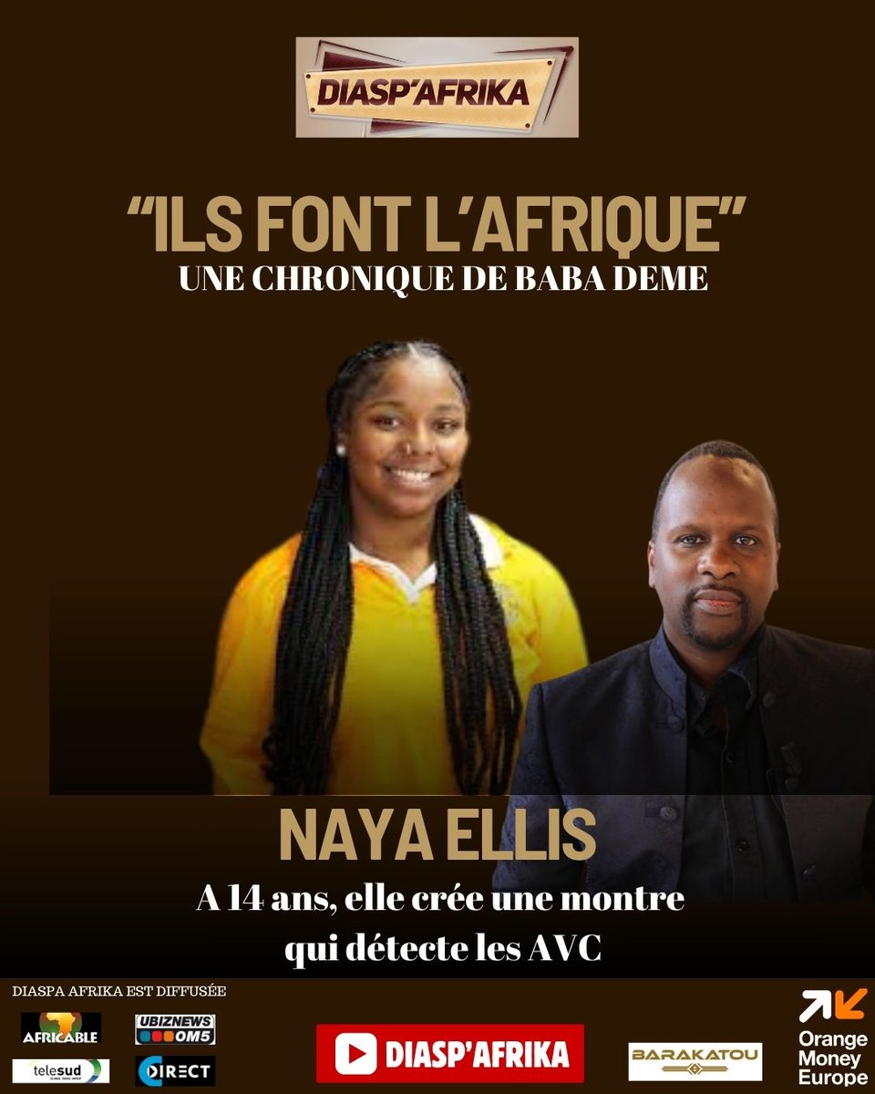BabaDemeFR's tweet photo. Chronique "Ils font l'Afrique" : Découvrez Naya Ellis, une adolescente de 14 ans qui révolutionne le monde de la science avec WingItt, une montre détectrice d'AVC.

Ce Lundi 3 Juin 2024 sur Africable TV à 21h GMT (23h en France). Rejoignez-moi pour la chronique "Ils font l'Afrique" dans l'émission Diasp Afrika et découvrez des talents d'Afrique et Afro descendants qui inspirent et impactent le monde.

Diasp Afrika est aussi diffusée sur Ubiznews Tv, CDirect, et Telesud.

Regardez Diasp Afrika sur YouTube : https://t.co/jVsn2X2mCn

👗 Tenue portée sur l'affiche par Barakatou Bazin : https://t.co/uDGYjcOSp5

#IlsFontLAfrique #DiaspAfrika #Innovation #Afrique #Talents #Inspiration #WingItt