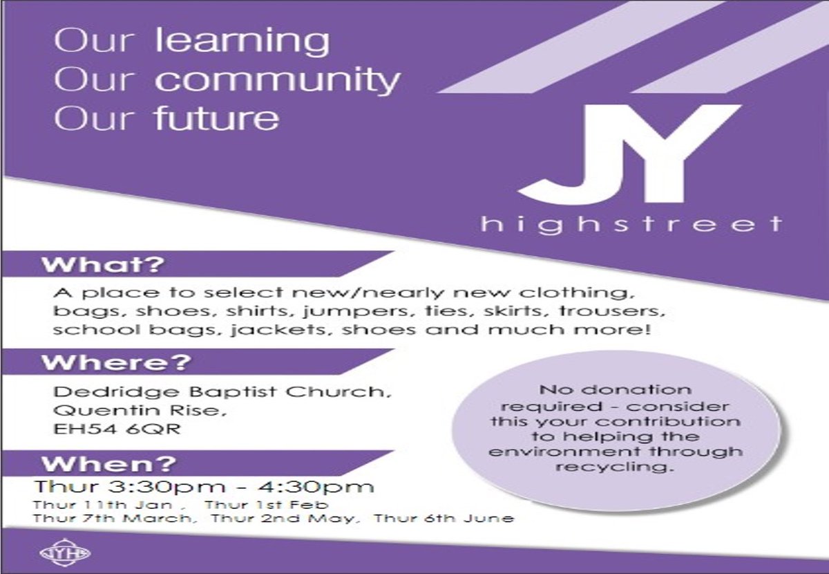 JYHSMaths's tweet photo. Excited to be having our first @JamesYoungHS JY High Street event of the new school term this Thursday, 6th June, 15:35 till 16:30, in the front of school area. All parents, carers and pupils welcome to come along and pick up free uniform items and accessories. https://t.co/qOFe22YsA0