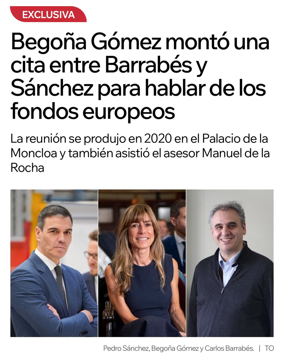 FroilLannister's tweet photo. A Begoña Gómez le gusta esquiar. A Pedro Sánchez también. Desde los 12 años, Pedro ha ido a esquiar a Cerler y se aloja en el valle de Benasque. Allí destaca una tienda de material de esquí, Barrabés, propiedad de Carlos Barrabés.

Carlos Barrabés es amigo de Paco Boya, político del PSC que, casualmente, es también amigo de Pedro Sánchez. De ahí debe surgir la relación de amistad entre la pareja presidencial y el empresario. 

Años después, con Pedro Sánchez en Moncloa, la relación persiste. Tanto es así que Barrabés, además de financiar la cátedra de Begoña Gómez, participa con ella en jornadas y eventos, pagados con dinero público. Incluso Pedro Sánchez afirma conocer al empresario personalmente y habla elogiosamente de él durante un acto.

En la pandemia, en 2020, tras el anuncio de los fondos europeos, Pedro Sánchez, Begoña Gómez y Carlos Barrabés se reúnen en Moncloa para hablar de dichos fondos. Curiosamente, meses después, las, recomendadas por Begoña, empresas de Barrabés comienzan a ganar concursos públicos de millones de euros, pagados con dichos fondos. Consiguen dichos contratos gracias a las valoraciones subjetivas muy superiores a las de sus competidores.

Pero no digáis que el hecho de un empresario amigo del Presidente y su mujer, que financia parte de las actividades privadas de Begoña Gómez, reciba millones de euros de fondos europeos, con cartas de recomendación de Begoña mediantes, y sin que Pedro Sánchez se abstenga a la hora de otorgar dichos contratos millonarios, es algo irregular o poco ético, que eso es de fascistas.