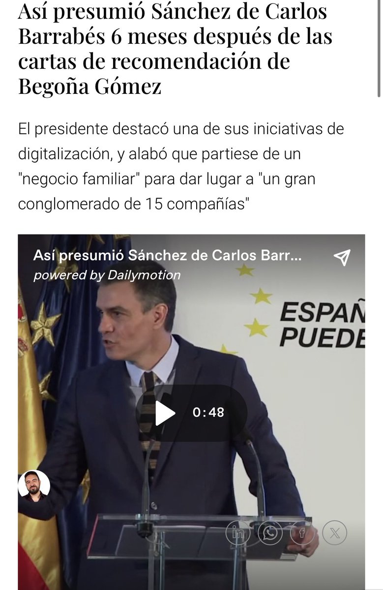 FroilLannister's tweet photo. A Begoña Gómez le gusta esquiar. A Pedro Sánchez también. Desde los 12 años, Pedro ha ido a esquiar a Cerler y se aloja en el valle de Benasque. Allí destaca una tienda de material de esquí, Barrabés, propiedad de Carlos Barrabés.

Carlos Barrabés es amigo de Paco Boya, político del PSC que, casualmente, es también amigo de Pedro Sánchez. De ahí debe surgir la relación de amistad entre la pareja presidencial y el empresario. 

Años después, con Pedro Sánchez en Moncloa, la relación persiste. Tanto es así que Barrabés, además de financiar la cátedra de Begoña Gómez, participa con ella en jornadas y eventos, pagados con dinero público. Incluso Pedro Sánchez afirma conocer al empresario personalmente y habla elogiosamente de él durante un acto.

En la pandemia, en 2020, tras el anuncio de los fondos europeos, Pedro Sánchez, Begoña Gómez y Carlos Barrabés se reúnen en Moncloa para hablar de dichos fondos. Curiosamente, meses después, las, recomendadas por Begoña, empresas de Barrabés comienzan a ganar concursos públicos de millones de euros, pagados con dichos fondos. Consiguen dichos contratos gracias a las valoraciones subjetivas muy superiores a las de sus competidores.

Pero no digáis que el hecho de un empresario amigo del Presidente y su mujer, que financia parte de las actividades privadas de Begoña Gómez, reciba millones de euros de fondos europeos, con cartas de recomendación de Begoña mediantes, y sin que Pedro Sánchez se abstenga a la hora de otorgar dichos contratos millonarios, es algo irregular o poco ético, que eso es de fascistas.