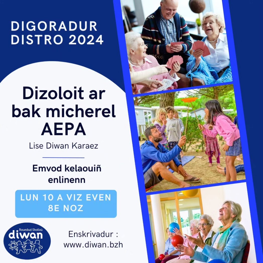 Dizoloit ar bak micherel Buheziñ evit ar vugale hag an dud kozh (AEPA) a zigoro en distro-skol 2024 e lise Diwan #Karaez. D'al lun 10 a viz Even da 8e noz e vo aozet un emvod-kelaouiñ enlinenn. Lakait hoc'h anv evit resevout al liamm : forms.gle/eADr7jKsc3QcHF… #BZH #bzhg