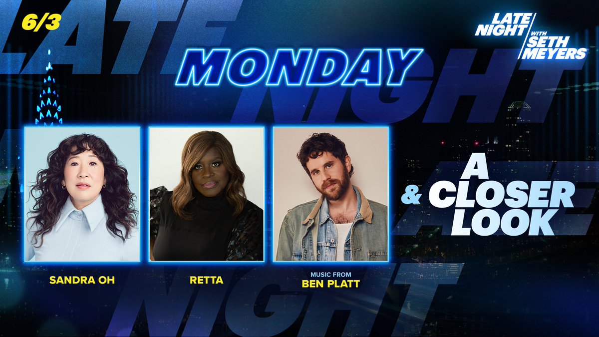 TONIGHT! @sethmeyers is back in Studio 8G, and welcomes tonight’s guests @IamSandraOh and @unfoRETTAble! Plus, a musical performance from Ben Platt and an all-new #ACloserLook!