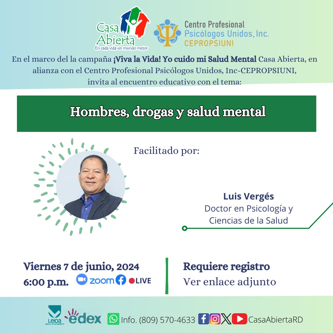 En el marco de la campaña #VivalaVida #YocuidomiSaludMental, #CasaAbiertaRD invita al encuentro educativo ''Hombres, drogas y salud mental'', el viernes 7 de junio de 2024, a las 6:00 P.M.

Registro 👇
📌us02web.zoom.us/meeting/regist…
