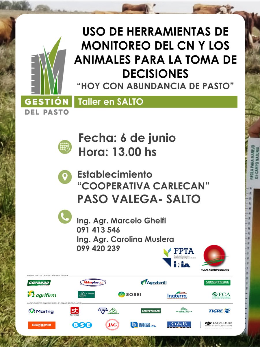 ¡Próximo jueves!
🗓️6/6⏰13hs📍Paso Valega,Salto

🌱Taller "Uso de herramientas de monitoreo del Campo Natural y animales para la toma de decisiones"
✔️Hoy con abundancia de pasto
📌Estab. Laboratorio #GestiónDelPasto "Cooperativa CARLECAN"

¡Te esperamos!
#FPTA <a href="/INIA_UY/">INIA URUGUAY</a> #PlanAgro