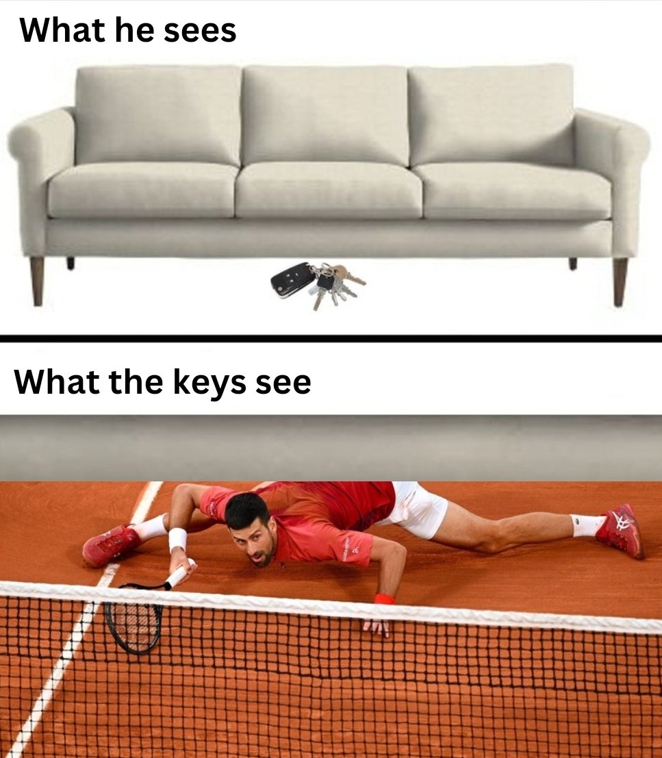 TheTennisLetter's tweet photo. Novak Djokovic when he drops his keys under the couch https://t.co/WJTQkPm9jT