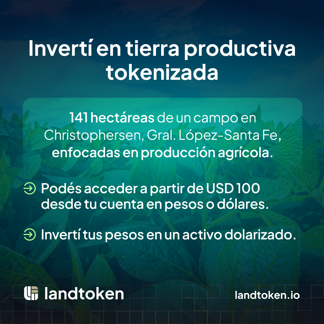 Invertí tus pesos en un activo dolarizado y obtené una renta anual.

En Don Pedro, nuestro nuevo campo en oferta, podés invertir desde sólo ¡USD 100!

Registrate en app.landtoken.io e ingresá al mundo de los agronegocios. 

El valor de la tierra, accesible para todos. 🌱