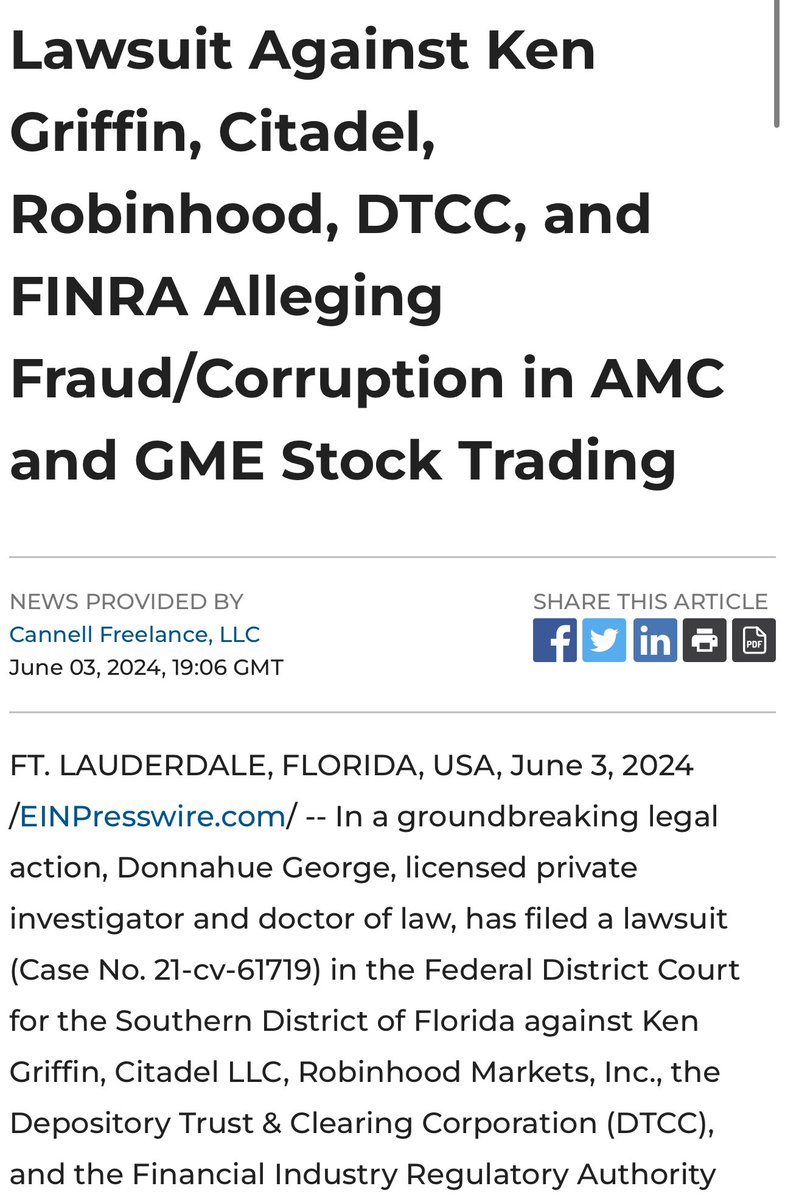 Lawsuit Against Ken Griffin, Citadel, Robinhood, DTCC, and FINRA Alleging  Fraud/Corruption in AMC and GME Stock Trading